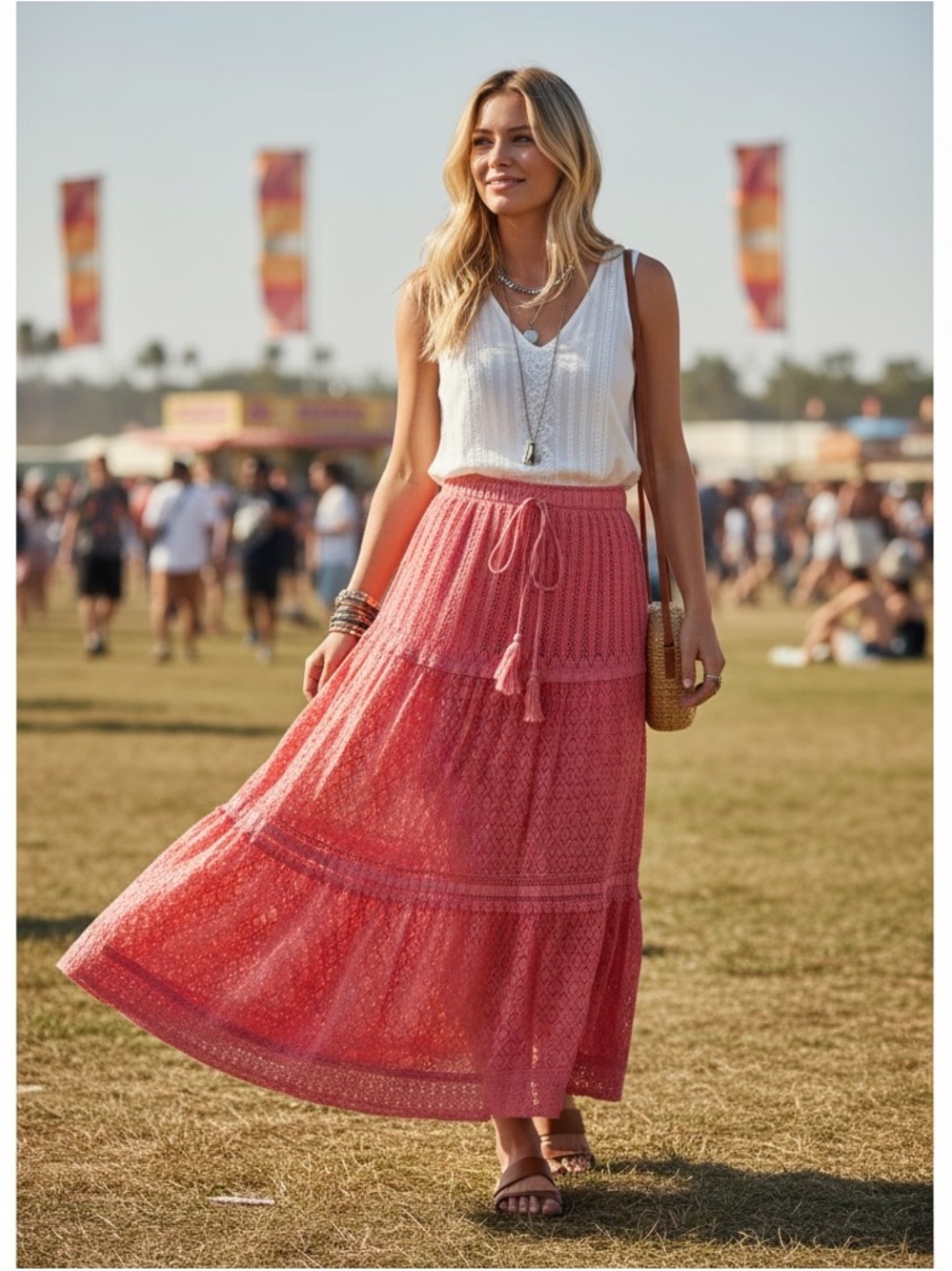 Boho Coral Crochet Tiered Maxi Skirt Fairycore Eyelet Cottagecore Medium